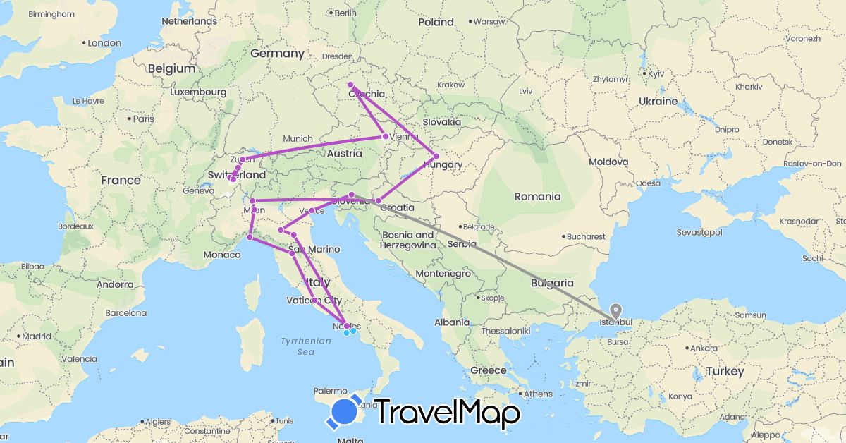 TravelMap itinerary: plane, train, boat in Austria, Switzerland, Czech Republic, Croatia, Hungary, Italy, Slovenia, Turkey (Asia, Europe)